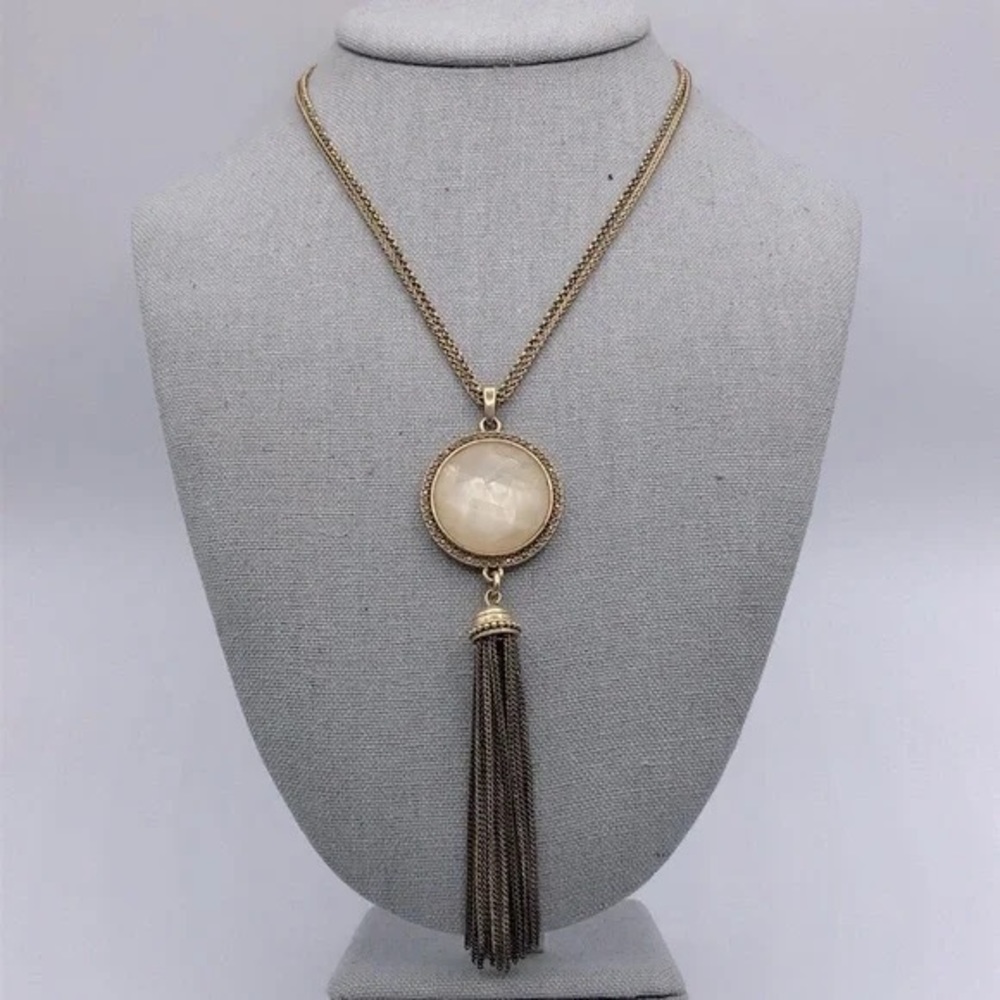 Lucky Brand Stone And Chain Tassel Necklace With Marcasite Rhinestones